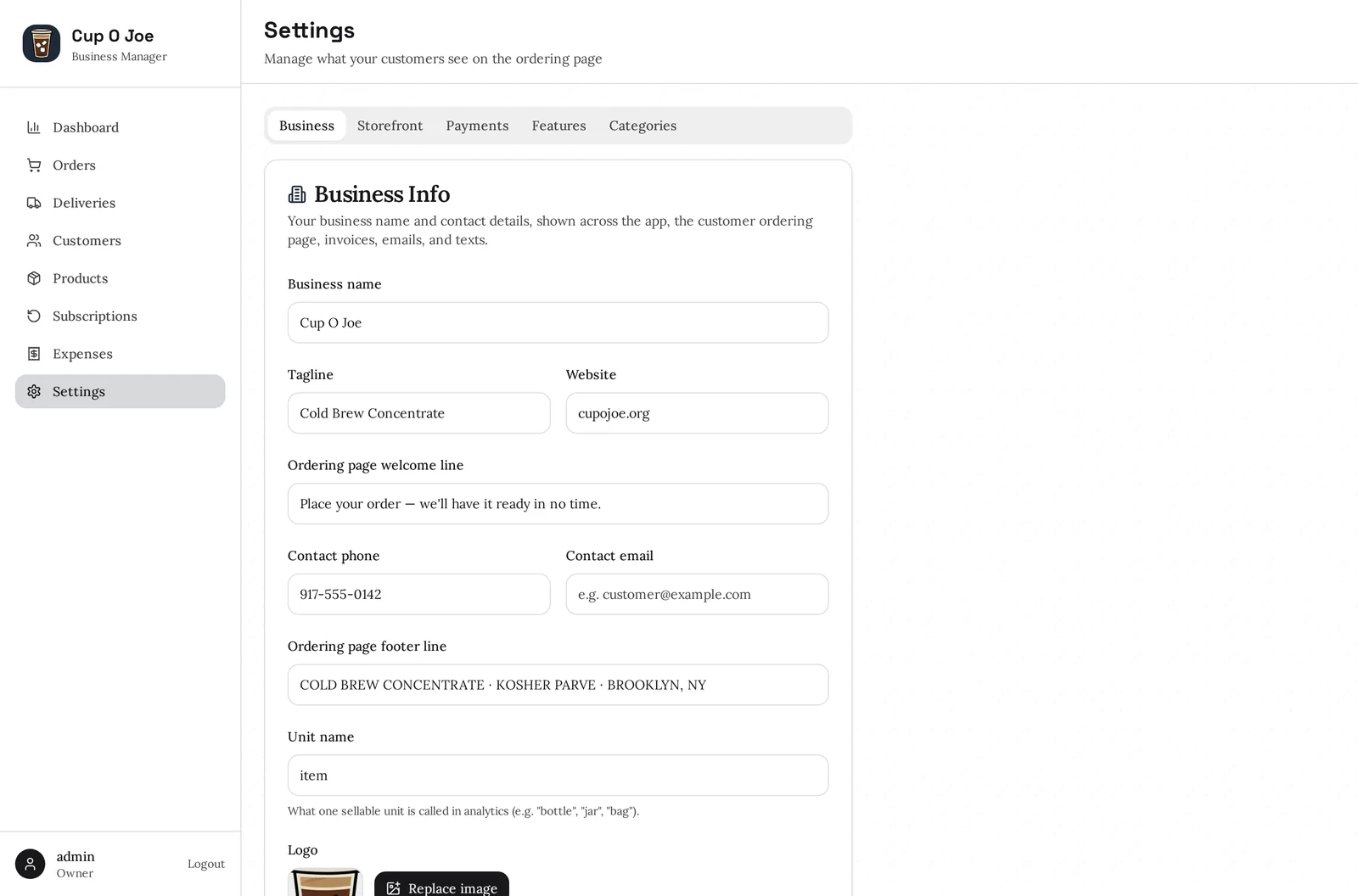 The theme settings screen with preset swatches and individual colour pickers