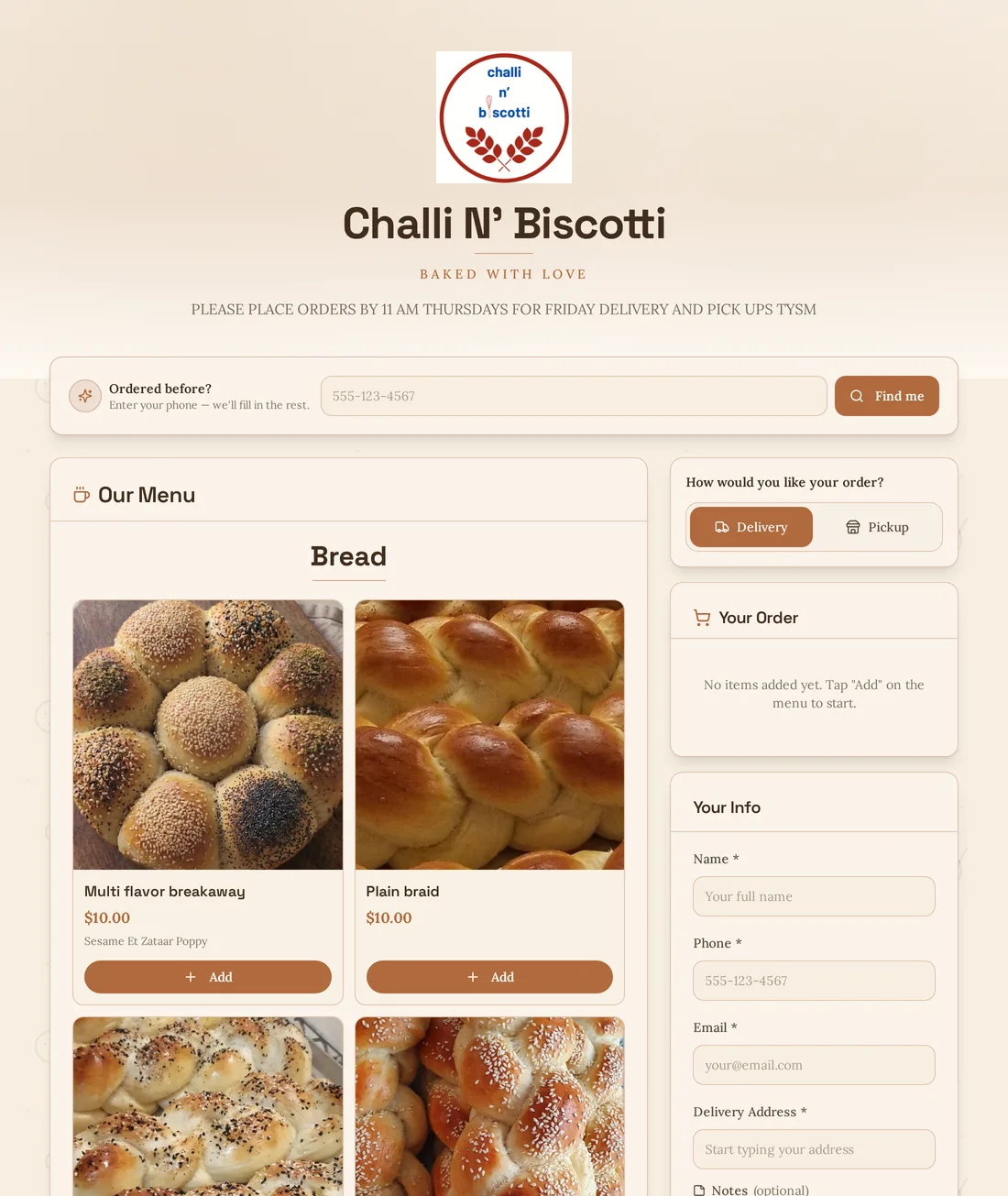 The Challi N' Biscotti ordering page: her logo and 'Baked with love' tagline over a warm cream palette, a bread menu with photos and Add buttons, and the order and customer details panels