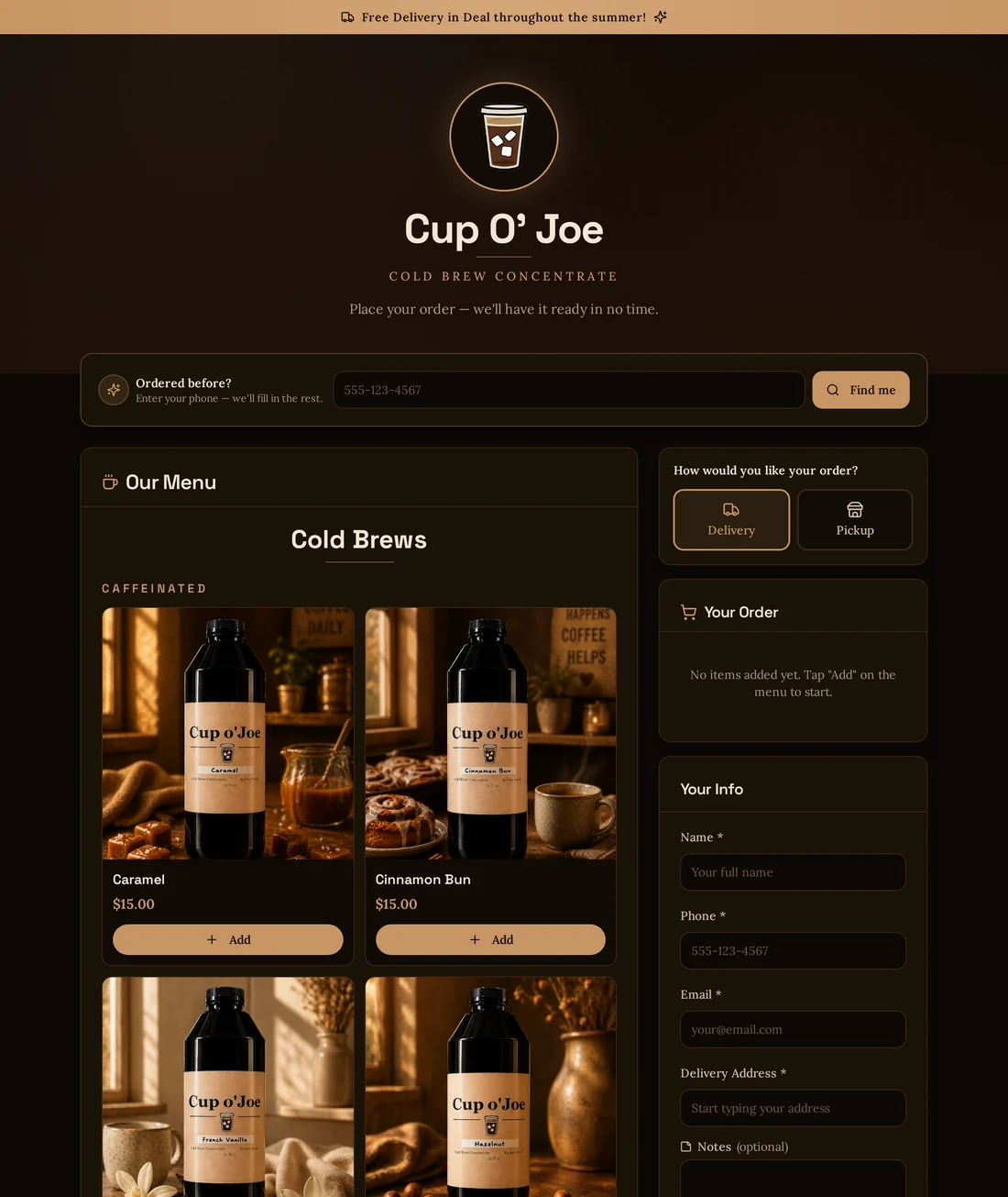 A customer-facing ordering page: business name and tagline, a menu of products with photos and Add buttons, a running order summary, and a customer details form